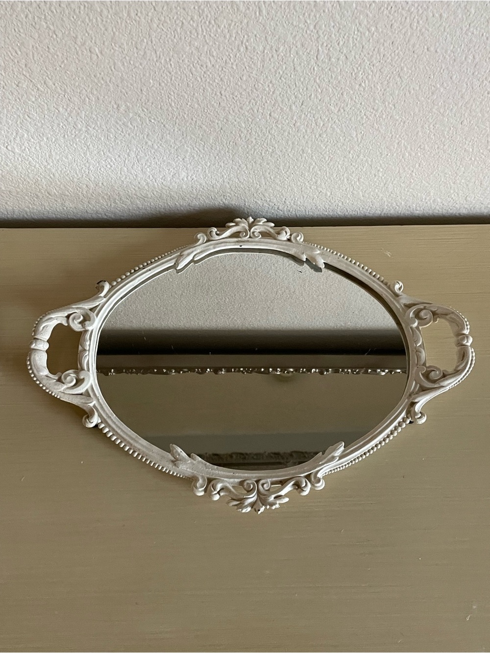 Vintage gothic ornate oval Mirrored Vanity Tray Glass cast iron Frame Handles